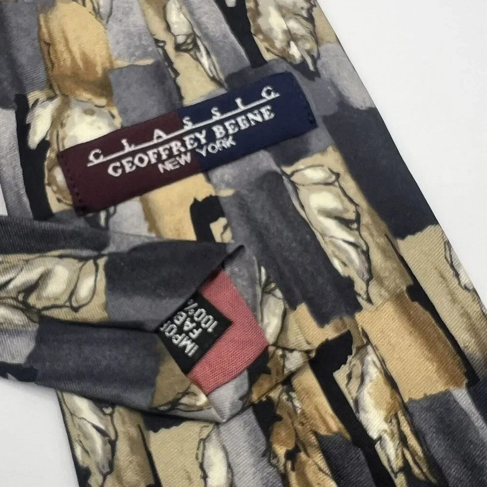 Geoffrey Beene Silk‎ Tie Necktie Suit Grid Leaves Fall Grey Brown Tan
